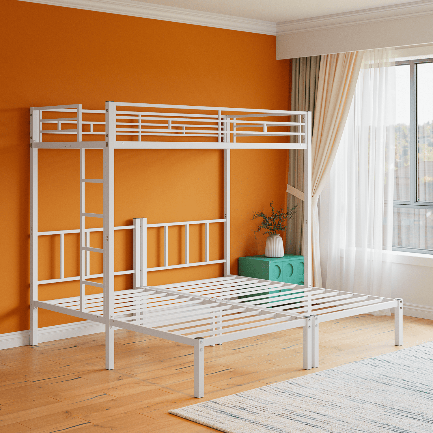 Yoneston Convertible Triple Bunk Bed, 3 in 1 Metal Bunk Bed with Safety Guardrails & Ladder for Dorm, Guest Room, No Boxing Spring Needed, White