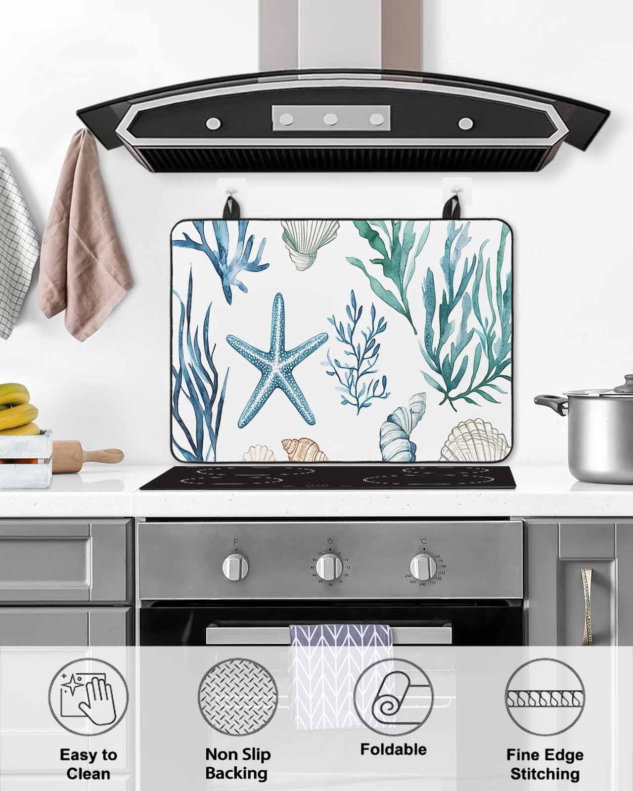 nqOlkjepod Large Induction Cooktop Protector Mat 24"x21", Summer Coastal Stove Top Covers for Electric Stove, Ocean Watercolor Starfish Shell Seaweed Stove Burner Cover Mats, Glass Top Stove Cover