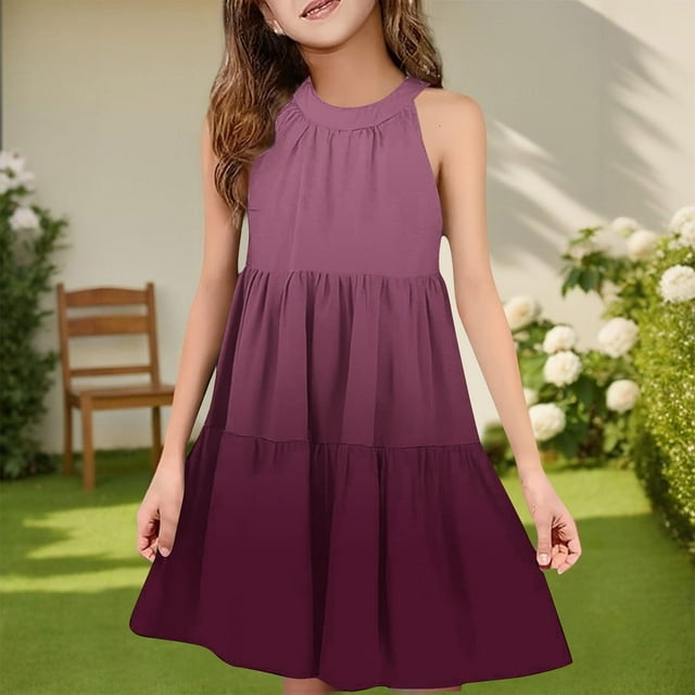 NTACZA Robe d'Été Fille Col Haler Sans Manches Décontractée Robe Soleil Tournoyante Ombre Plissée Robe Midi pour Fille 150
