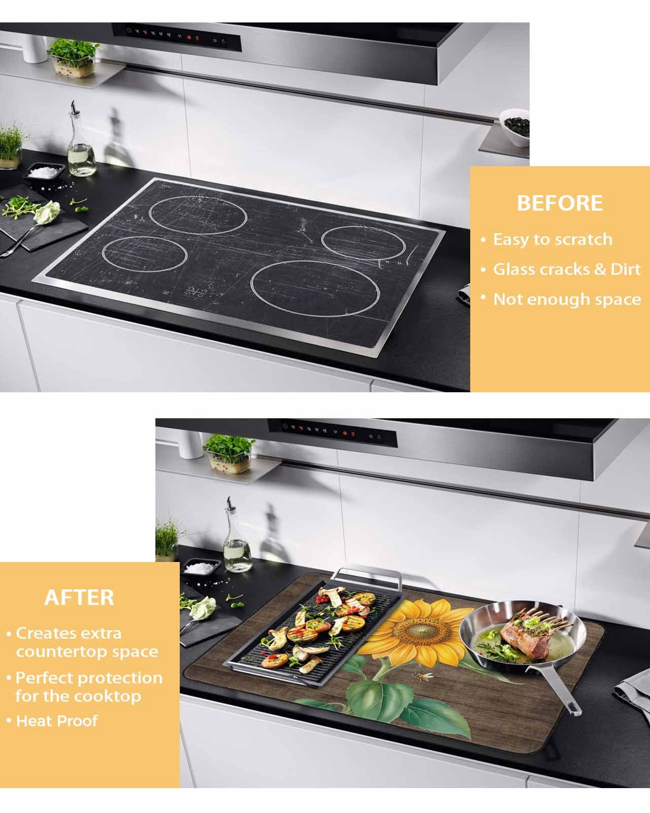 Large Induction Cooktop Protector Mat Sunflower Stove Top Covers for Electric Stove, Yellow Flowers Bees Wooden Pastoral Decorative Stove Burner Cover Mats, Glass Top Stove Cover