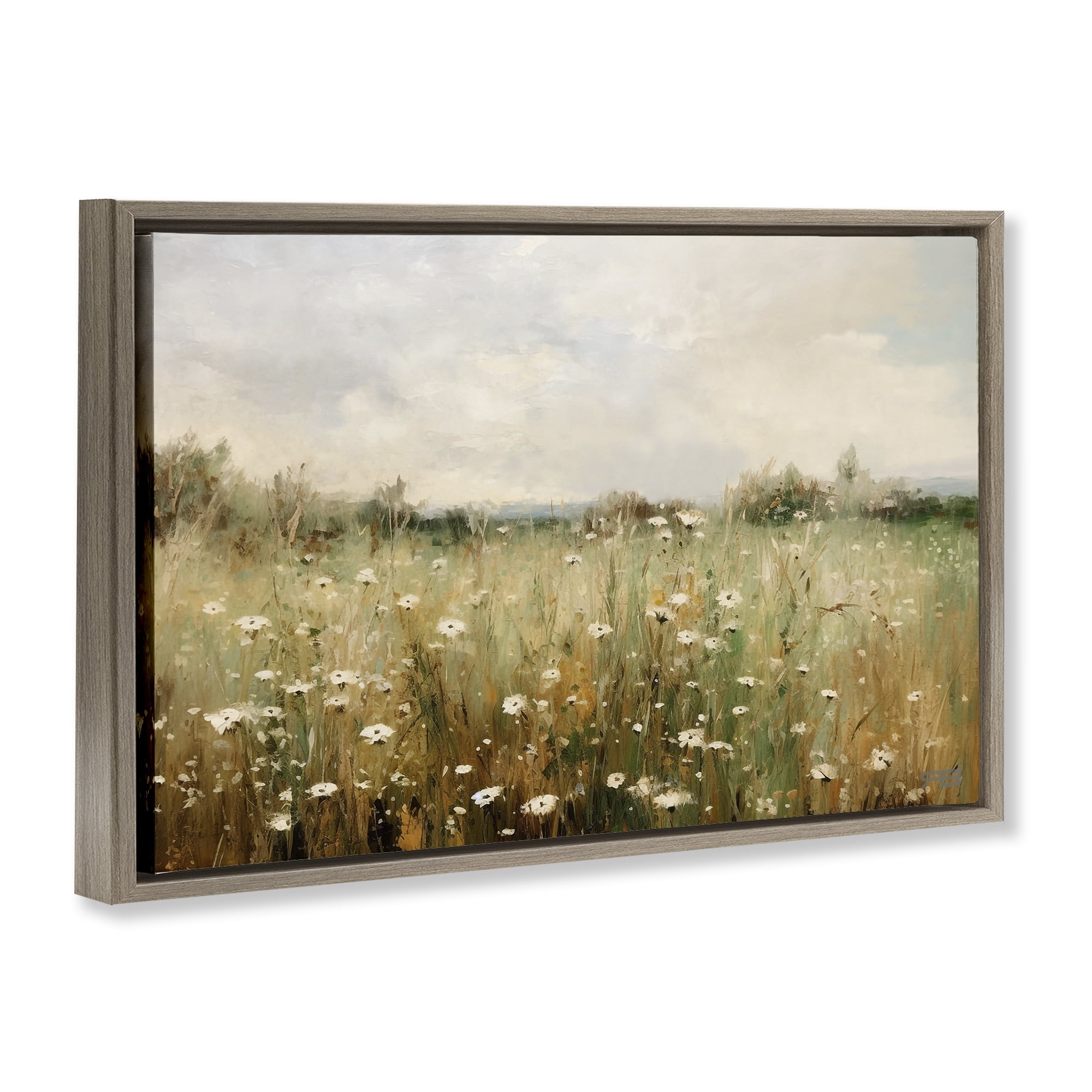 Stupell Industries Country Daisy Field Landscape Painting Brown Floater Framed Art Print Wall Art, 31 x 21
