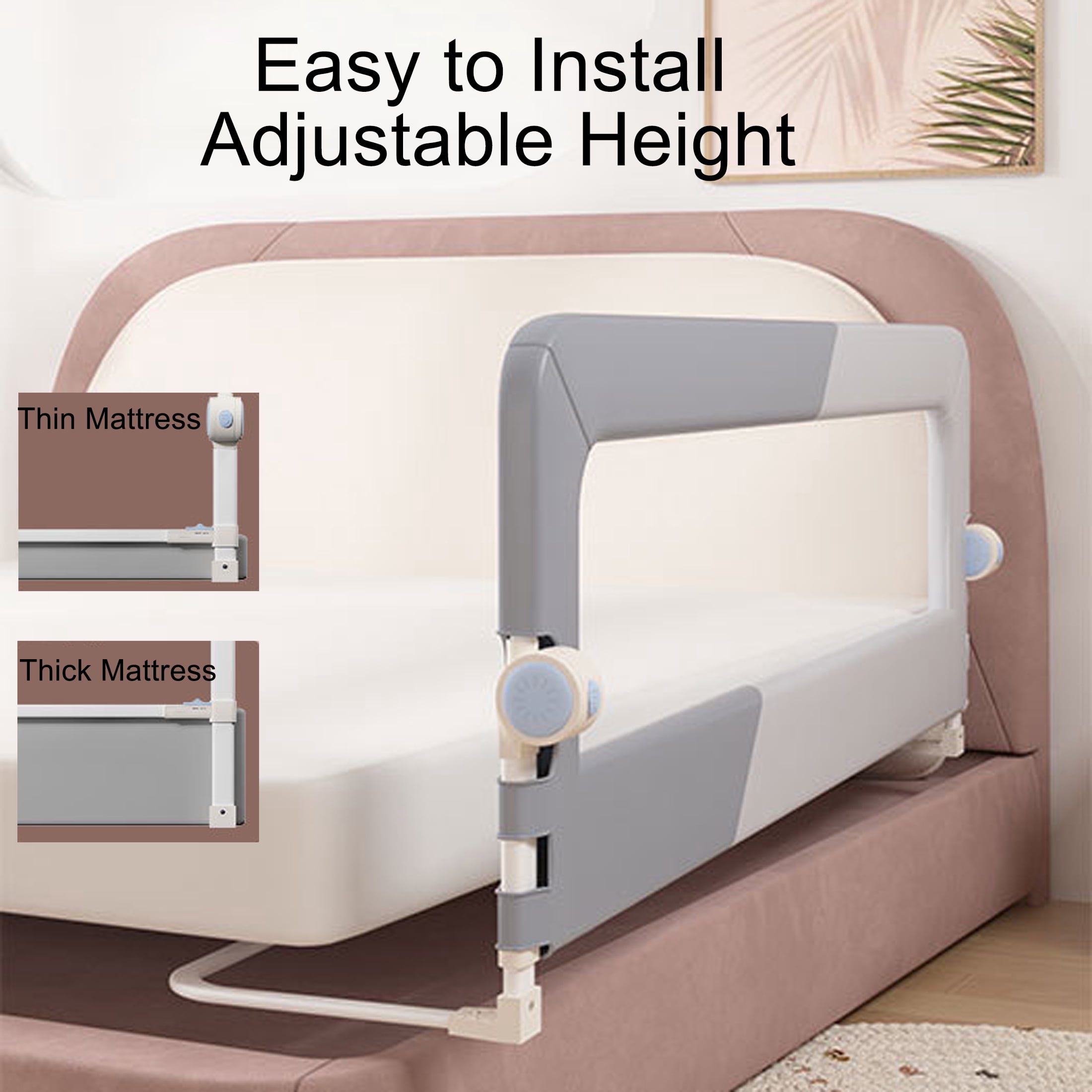 Oioane 59in Bed Rail for Toddlers, Foldable Baby Safety Bed Rail Guard with Height Adjustable for Full, Queen, King Bunk Size Bed, Gray