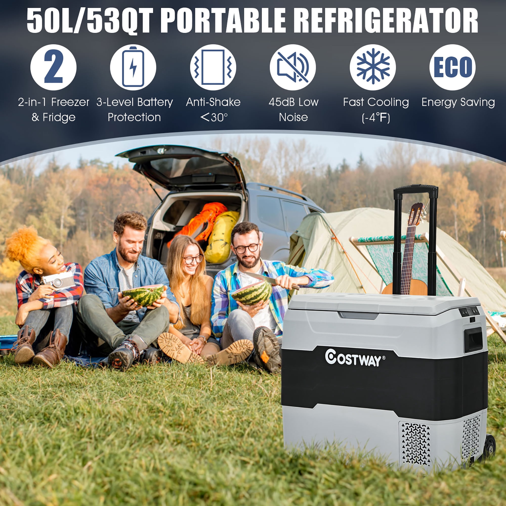 Costway 53 QT Portable Car Refrigerator Dual-Zone Car Cooler for RVs Gray