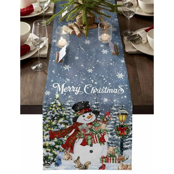 nqOlkjepod Blue Snowman Christmas Table Runner 60 Inches Long Farmhouse Dress Scarves, Xmas Tree Snowflake Botanical Dining Tablerunner for Coffee Table/Kitchen Island/Party Décor, 13" x 60"