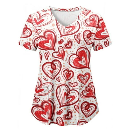 

Capreze Women s Heart Print Scrub Tops Short Sleeve Nurse Working Uniform Valentine s Day Tunic Workwear With Pockets