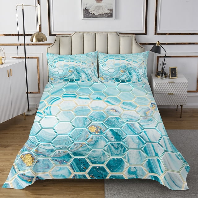Erosebridal Aqua Blue Marble Coverlet Set Queen, Abstract Honeycomb Bedding Set 3 Pieces