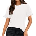 thumbnail image 2 of Plebaso Hauts Mignons pour Femmes, T-Shirts à Manches Courtes à Volants, Col Rond, Couleur Unie, Blouses d'Été Décontractées, 2 of 7