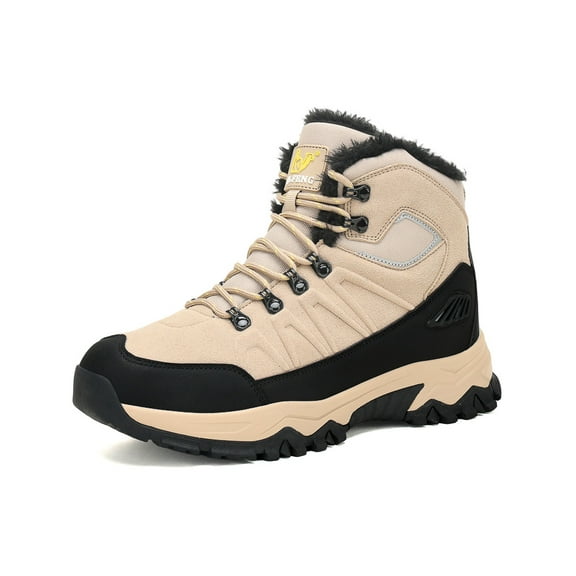 Mens Outdoor Hiking Boots Winter Fur Lined Warm Snow Boots Waterproof Anti-slip Lightweight Camping Boots Beige 7.5 US