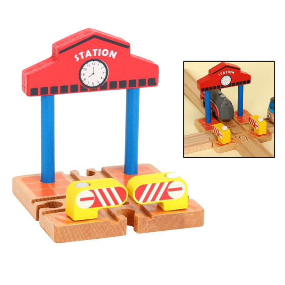 Wooden Train Set for Toddler Station Platform, Crossroad Raised Bridge And Gas Wood Toy Train for 3,4,5 Year Old Boys And Girls