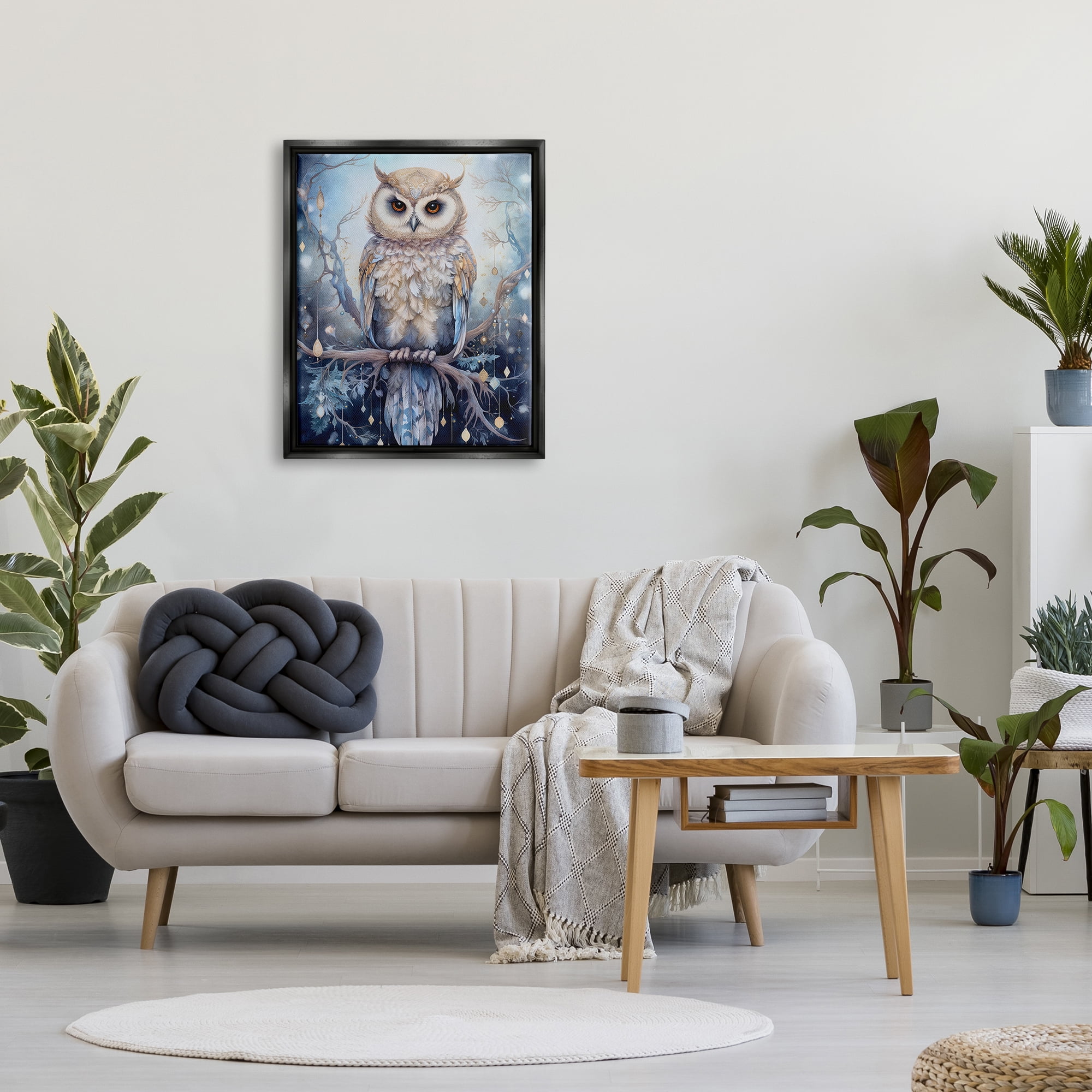 Stupell Industries Owl on Twinkling Branch Animals & Insects Painting Black Floater Framed Canvas Art Print Wall Art, 25 x 31