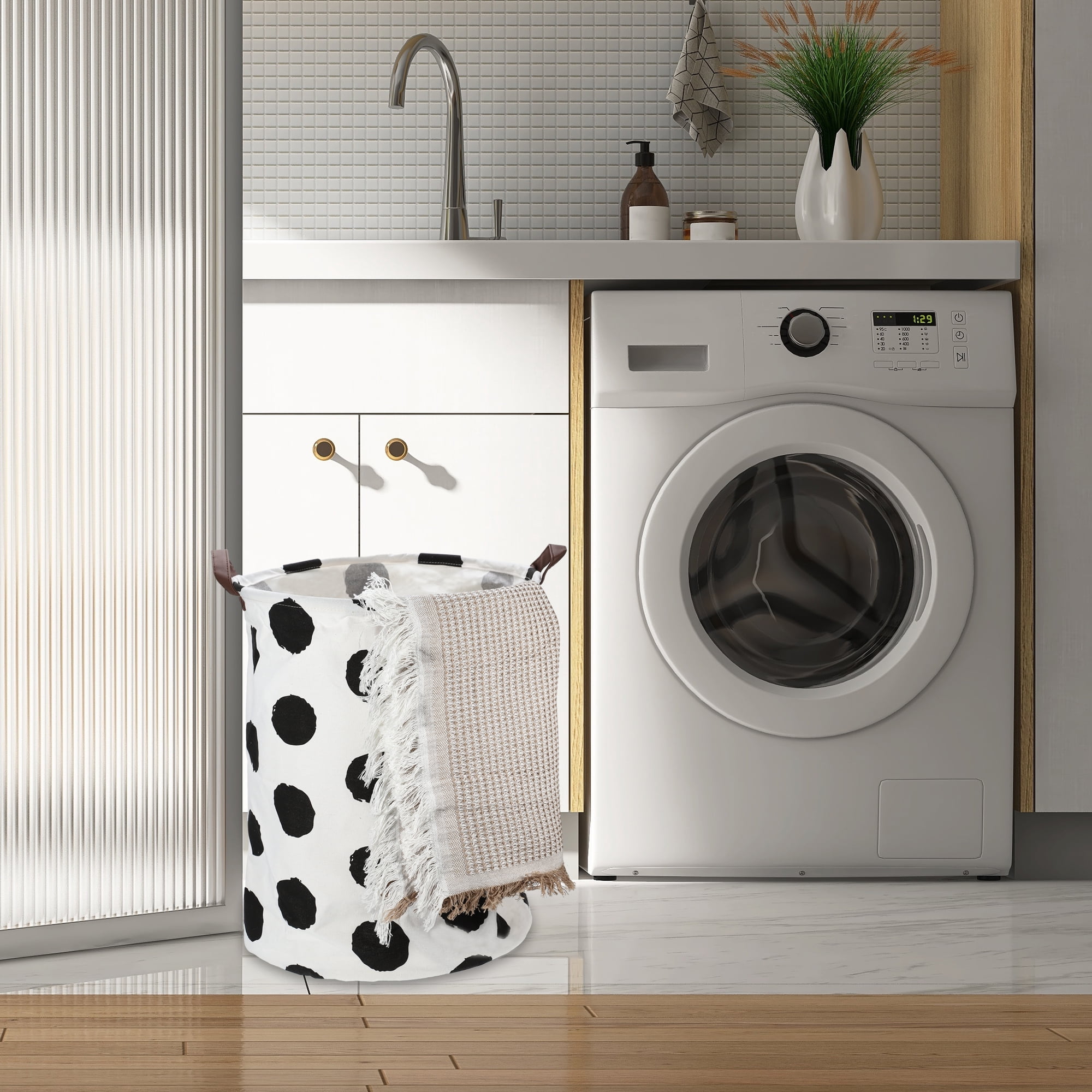 Unique Bargains Foldable Cylindrical Laundry Basket 19.69"x15.75" 60L Black Polka Dots