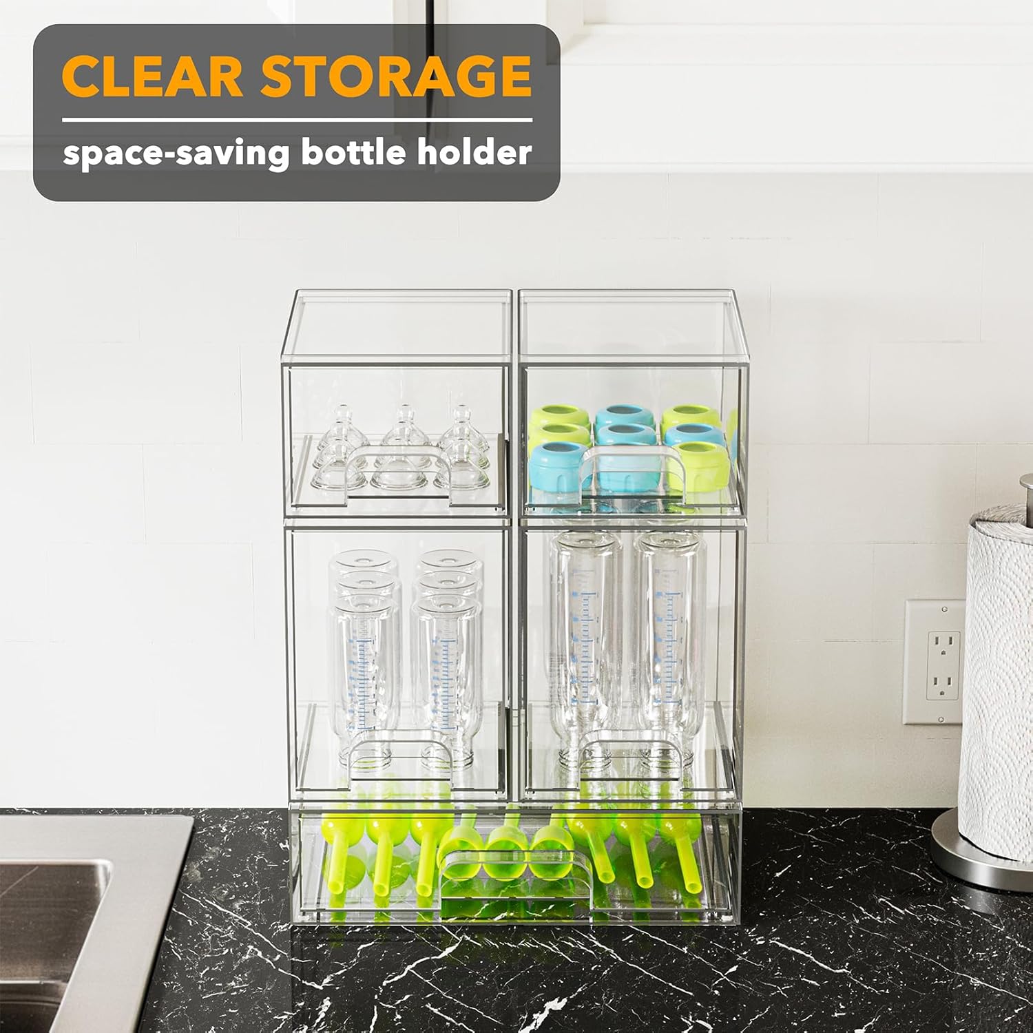 Bottle Storage Organizer Baby - Acrylic Bottles Station Organizer Container, Stackable Clear Drawers for Countertop, Vanity, Bathroom, Cabinet, Pantry Organization, 5 Pack, 2S2M1L, 15.4" H