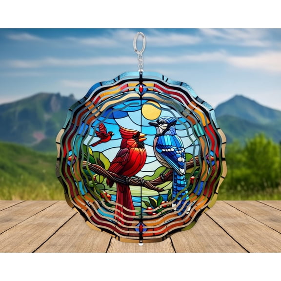 Cardinal & Blue Jay Wind Spinner: 3D Aluminum Bird Decor