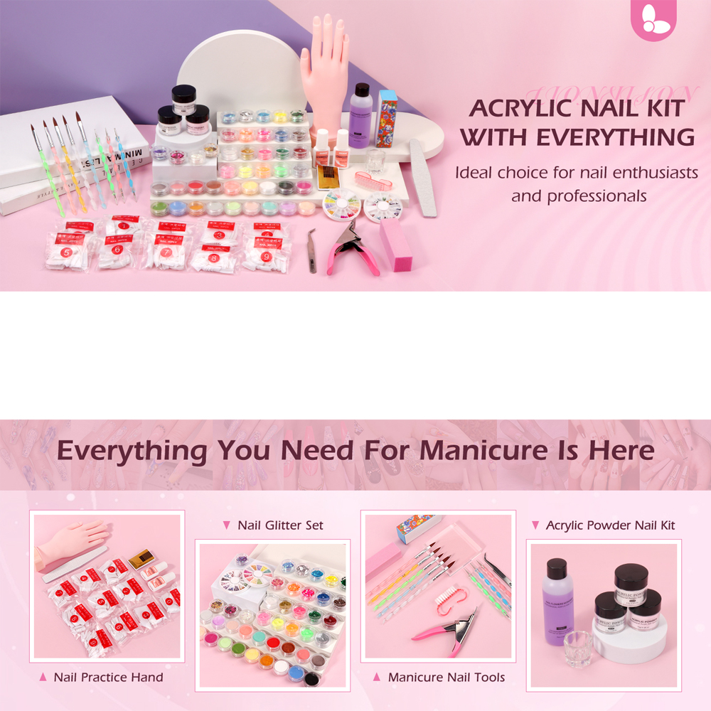 42-Color Acrylic Powder Kit with Practice Manikin Hand for Nail Art Training (Beginner-Friendly Acrylic Nails Set)