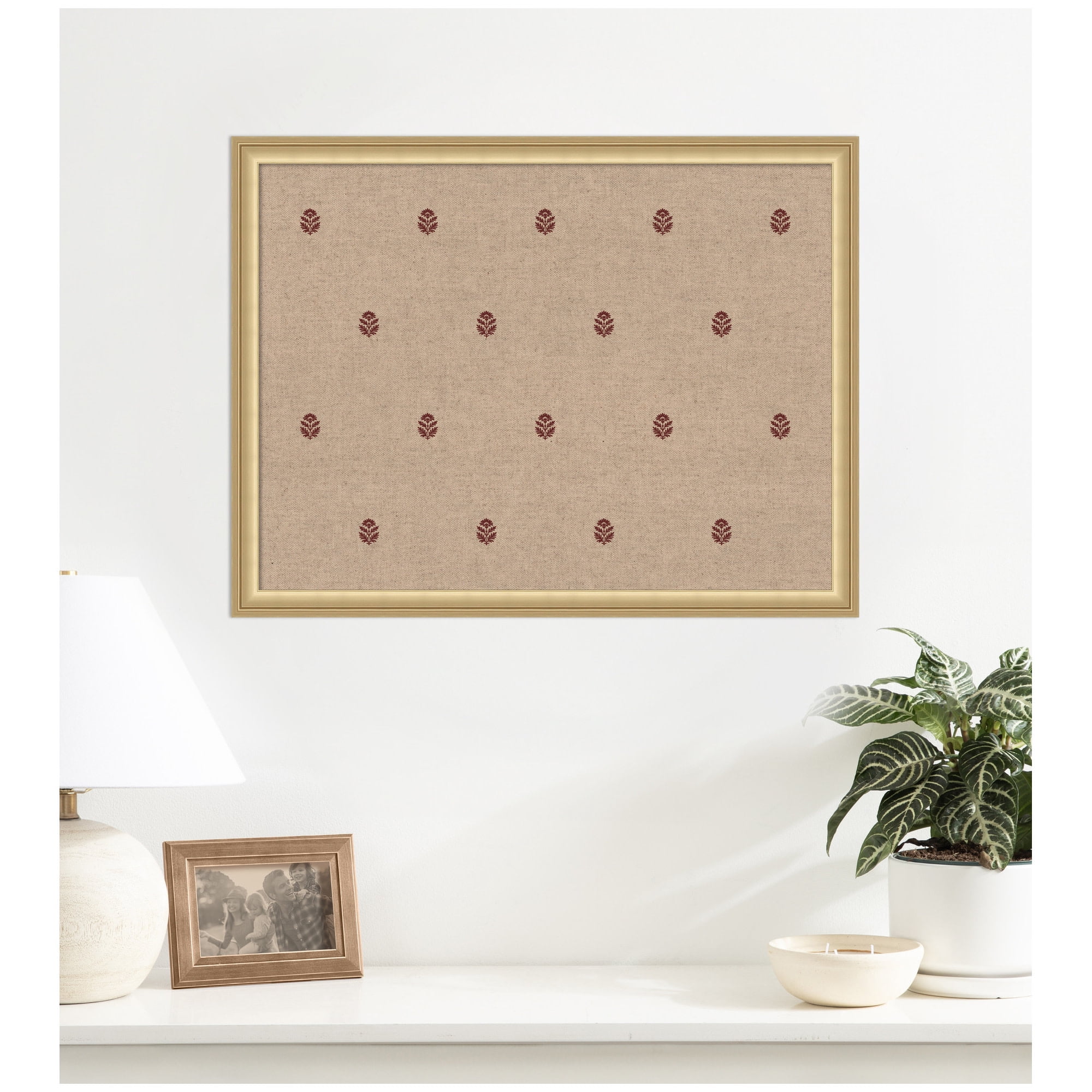 Kate and Laurel Framed Fabric Pinboard 26 x 20, Red Botanical Block Print Printed Linen Classic Bulletin Board for Use as a Vision Board or Wall Organization, Florence Gold Frame