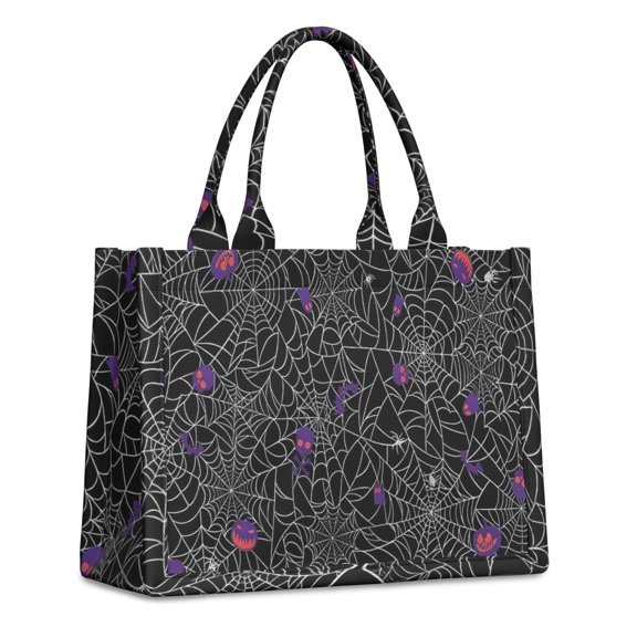 Large Capacity Tote Bag,Halloween Spider Web with Purple Icons Handbag Fashion Luxury Tote Bag,15.7"x13"x 5.1" Inches,Laptop Compatible