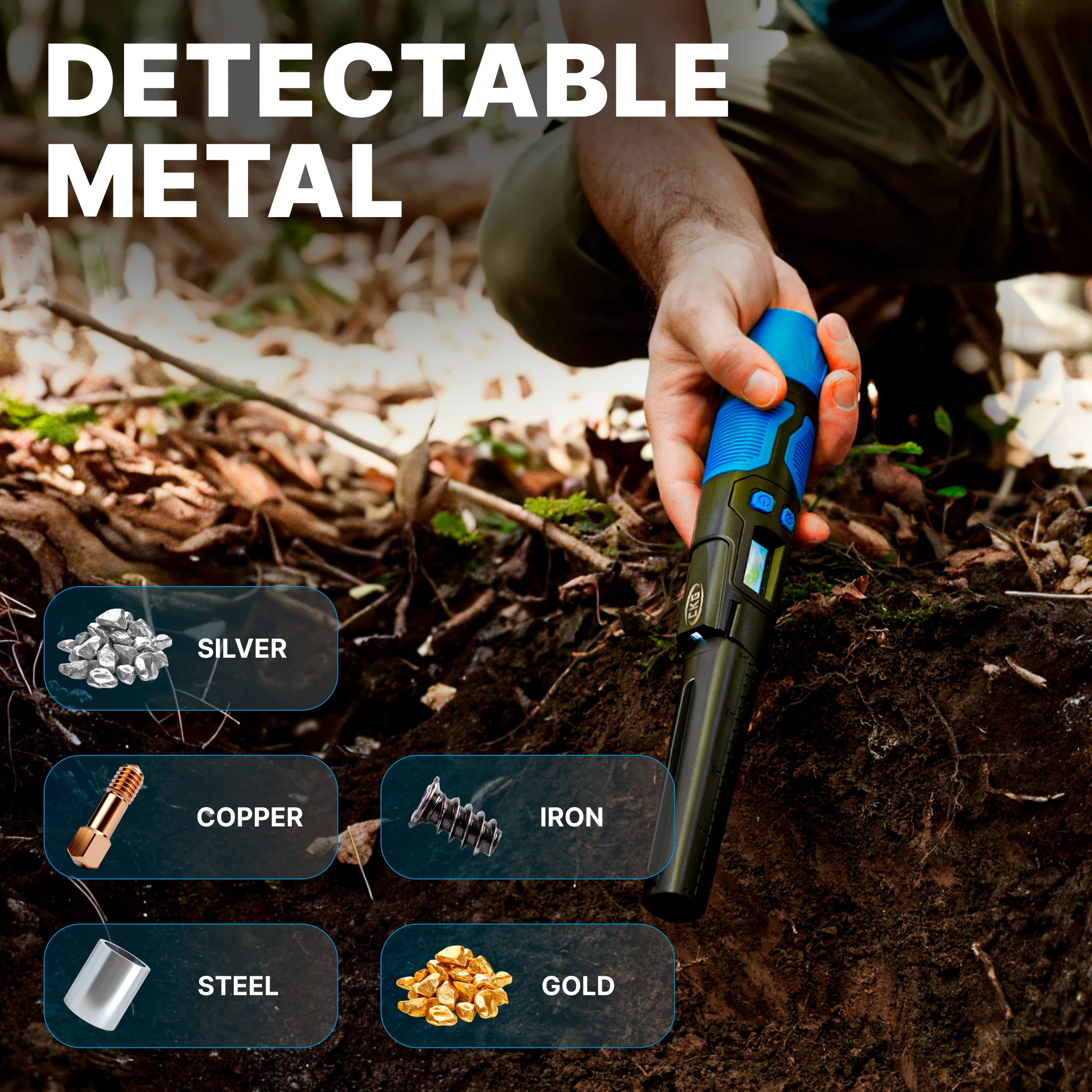 CKG Metal Detector Pinpointer 360° Detection, Professional Metal Detector Wand for Adults with LCD Screen & 3 Alert Modes, Fully Waterproof IP68, Color Blue