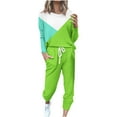 thumbnail image 3 of Yeaiivve Two Piece Outfits for Women Color Block Long Sleeve Crewneck Pullover Tops and Pants Jogger Sweatsuits Lounge Tracksuit Set with Pockets Green M, 3 of 5