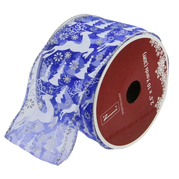 Northlight Blue Winter Wonderland Flying Reindeer Wired Christmas Craft Ribbon 2.5" x 10 Yards
