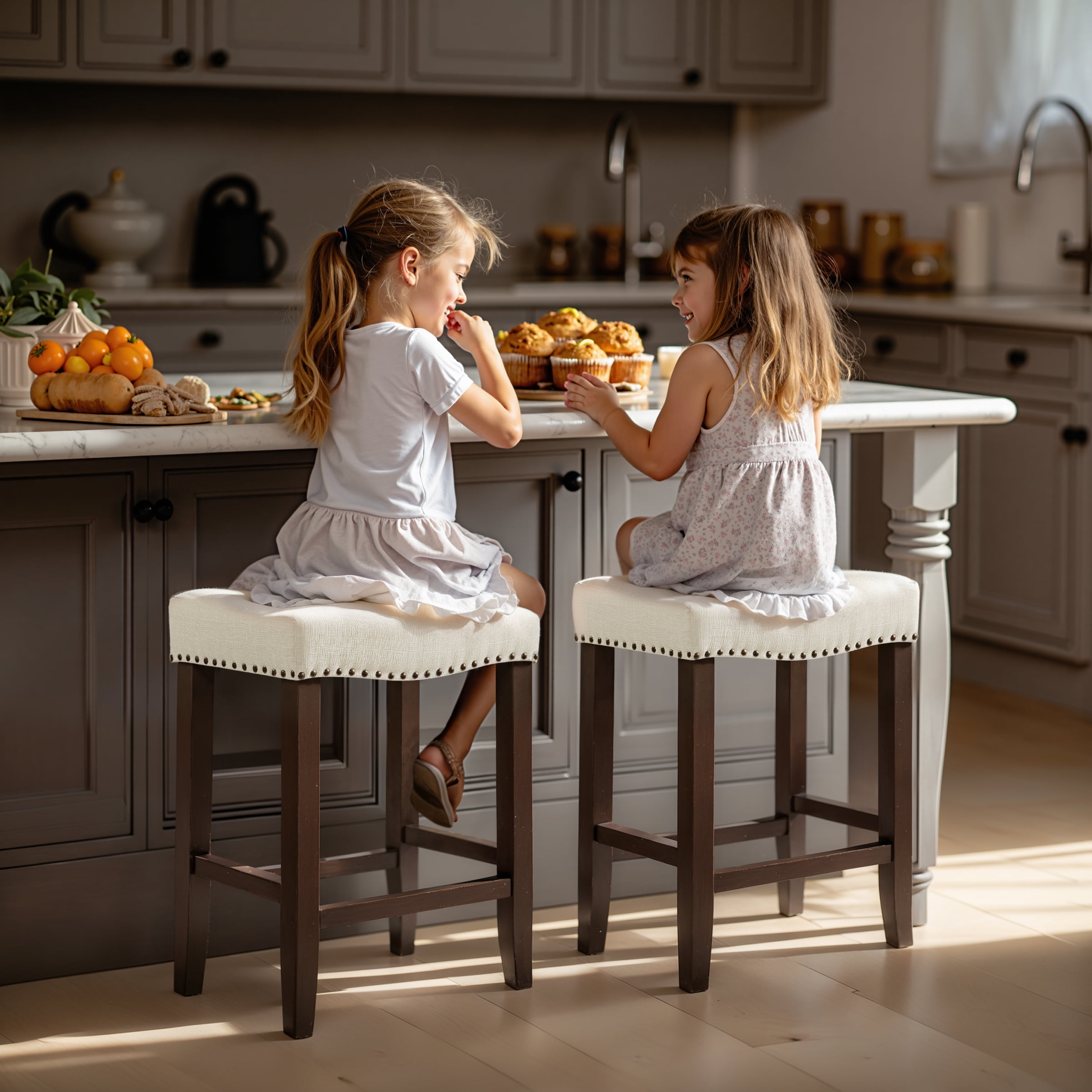 Subrtex 29" Backless Saddle Bar Stool, Wood Upholstered Counter Stool for Kitchen, Set of 2, Ivory