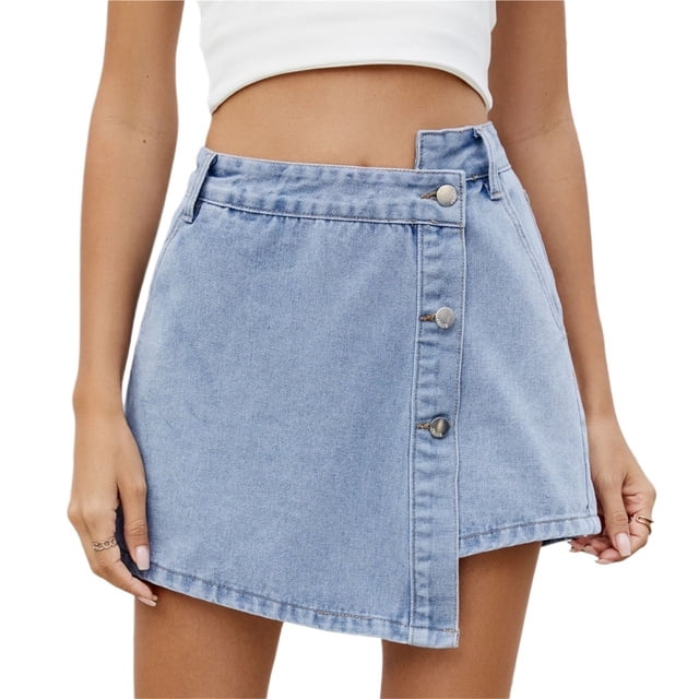 Pantalones cortos de mezclilla asimétricos casuales con falda pantalón de mezclilla de talle alto con botones delanteros for mujer