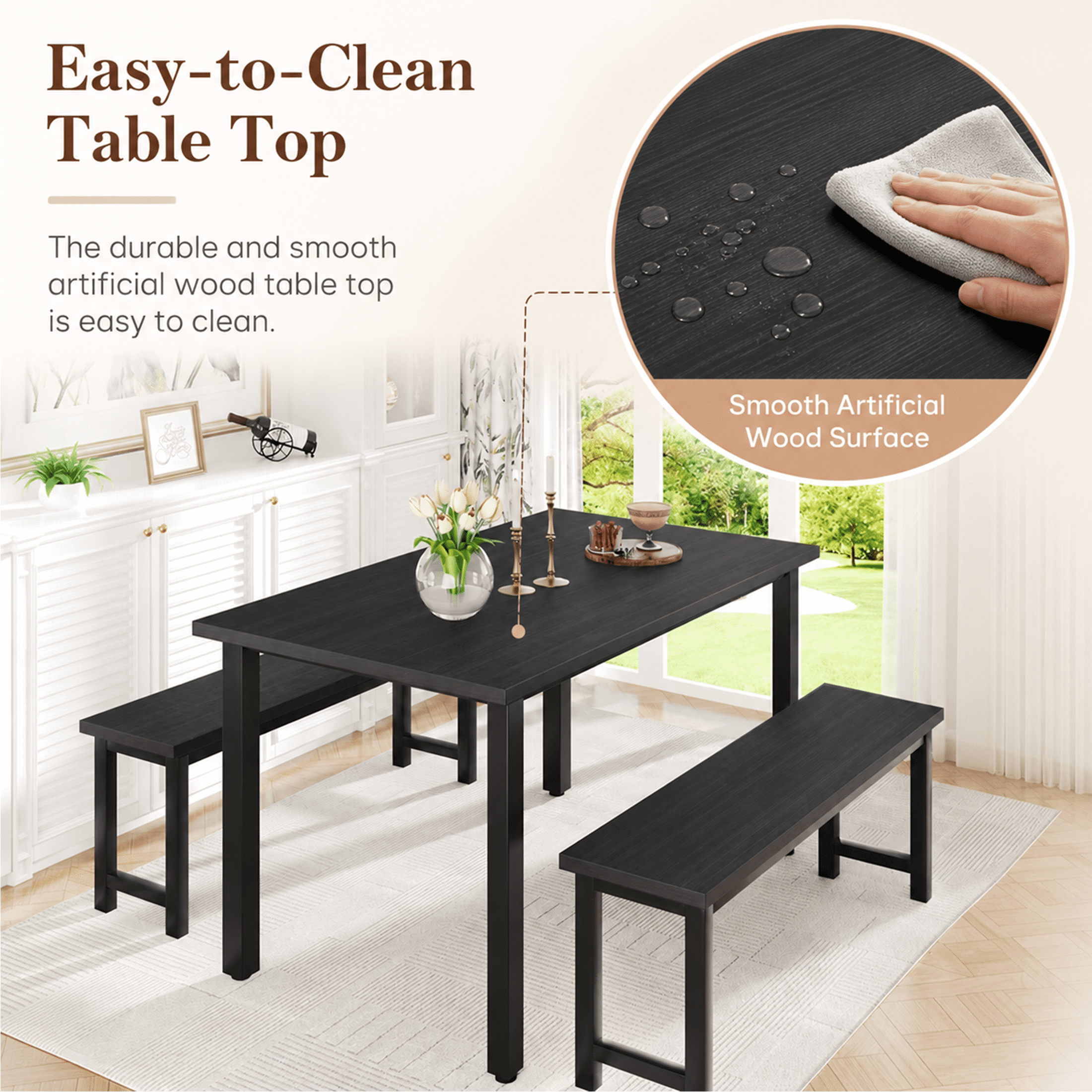 UHOMEPRO Dining Table Set for 4, Kitchen Table with 2 Benches, Modern Dining Room Table Set with Metal Frame, Breakfast Nook Furniture Set for Home Cafeteria Bar Kitchen, Black