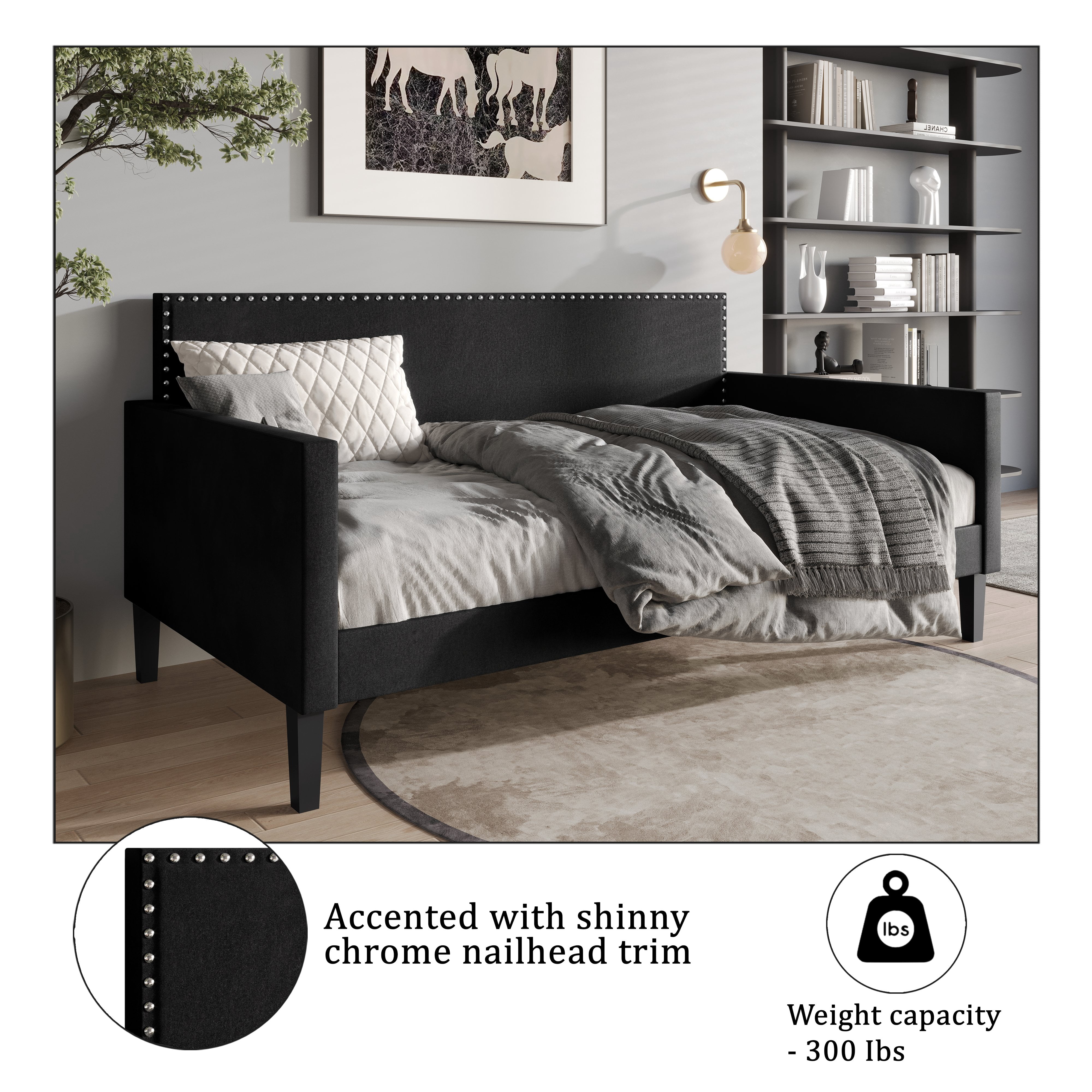 Castle Place Contemporary Velvet Twin Daybed with Nailhead Trim,  Black