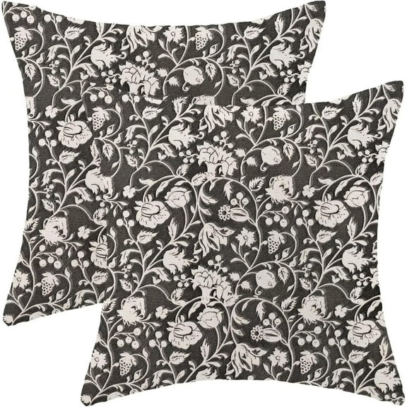 Black Grey Floral Throw Pillow Covers 18x18 Set of 2, Flower Print Decorative Pillow Covers Neutral Vintage Decoration Outdoor Cushion Cover Floral Pillowcase for Sofa Couch Farmhouse Room