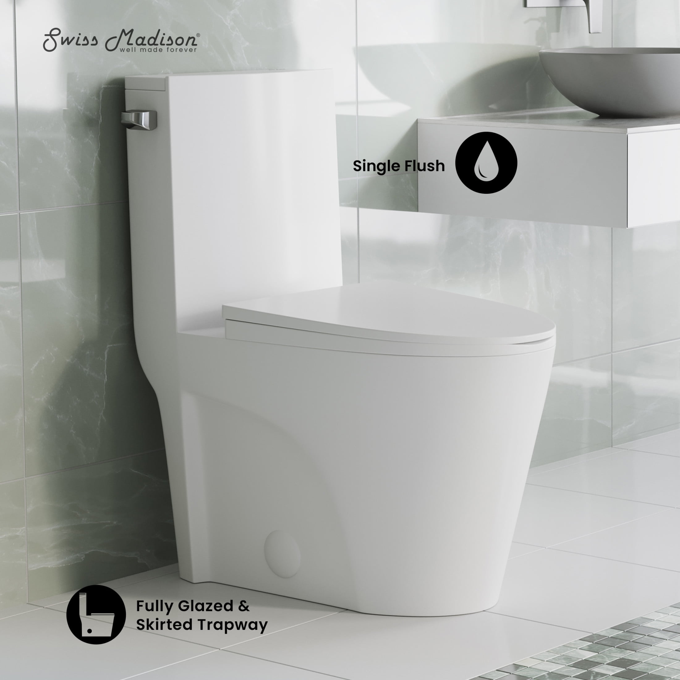 St. Tropez One-Piece 14" Rough-in 1.28 GPF Left Flush Elongated Toilet in Glossy White