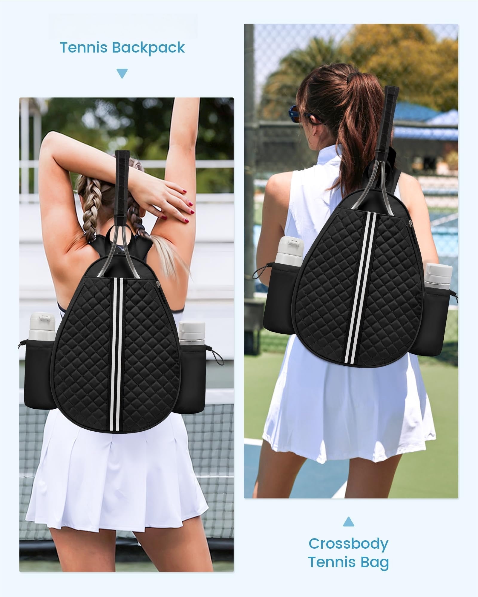 Omlopp Tennis Bag, Quilted Tennis Sling Crossbody Backpack, Water Resistant Tennis Racket Bags for Women Men, Suitable for Pickleball Tennis Badminton