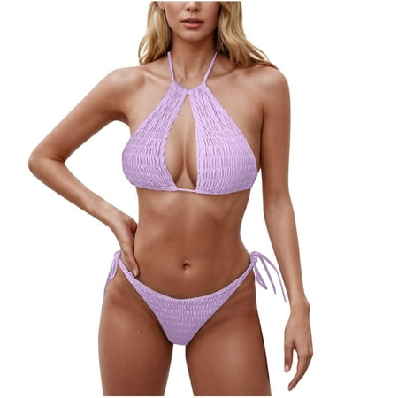 Summer Savings  Women s Solid Color Bikini Set  Adjustable Suspenders  Backless  Fashionable Design  Beach Swimwear  Comfortable  Stylish  Seamless  Swimwear for Women  Bathing Suit | Purple XL