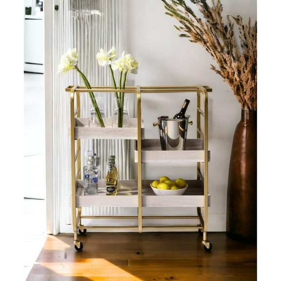 Gold & White Cart With 3 Wooden Storage Trays And Metal Construction Rectangular Serving Removable In Style