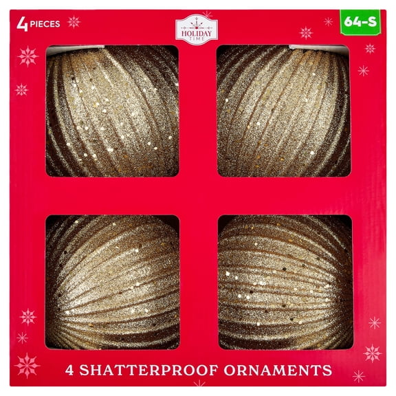 4-Count Gold Glitter Ribbed Shatterproof Christmas Ornaments, 6", by Holiday Time
