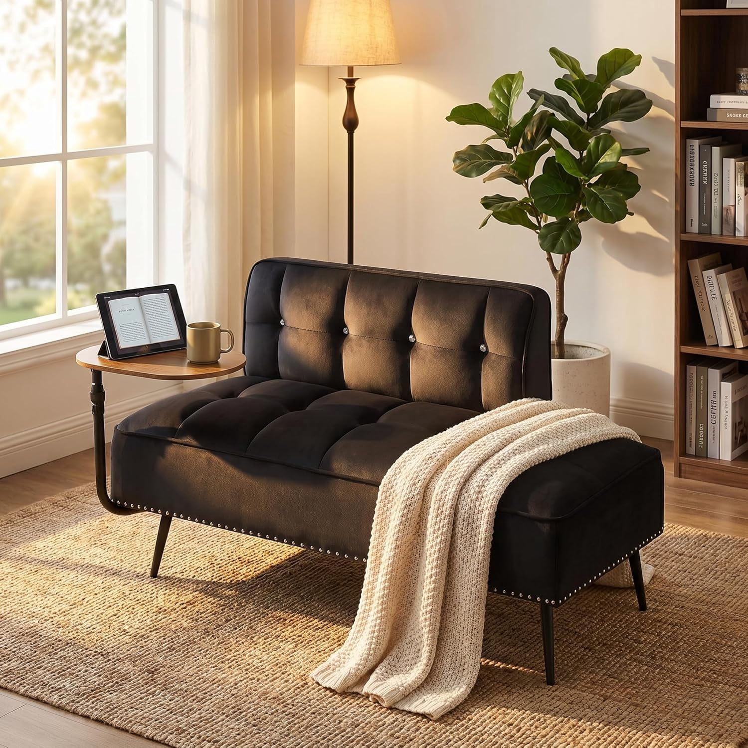 MOONMISS 54 inch 2-Seater Velvet Sofa with 360 Rotating Side Table Space Saving Multi Use Bench Office Living Room Apartment,Black