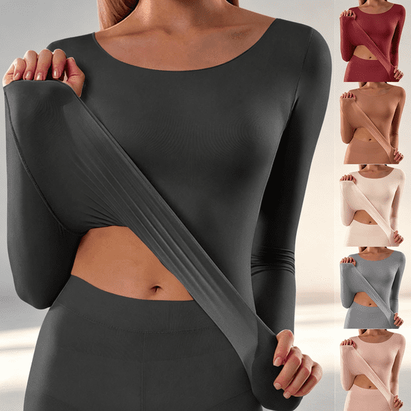 ABSUYY Womens Thermal Underwear Top, Long Sleeve Round Neck Seamless Base Layer, Stretchy Warm Slim Fit Shirt, Black,Size L