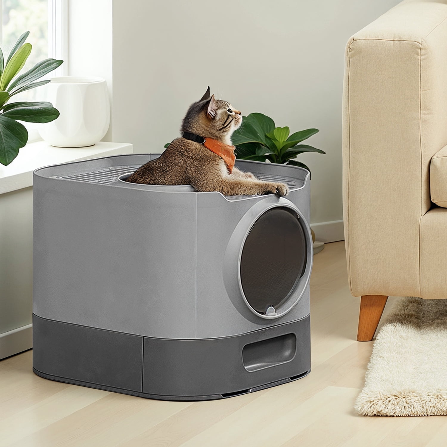 LEDREM XL Enclosed Cat Litter Box with Slide-Out Tray, Anti-Tracking Top Grate & Adjustable Door, Includes Scoop & Brush, Dove Gray and Slate Gray