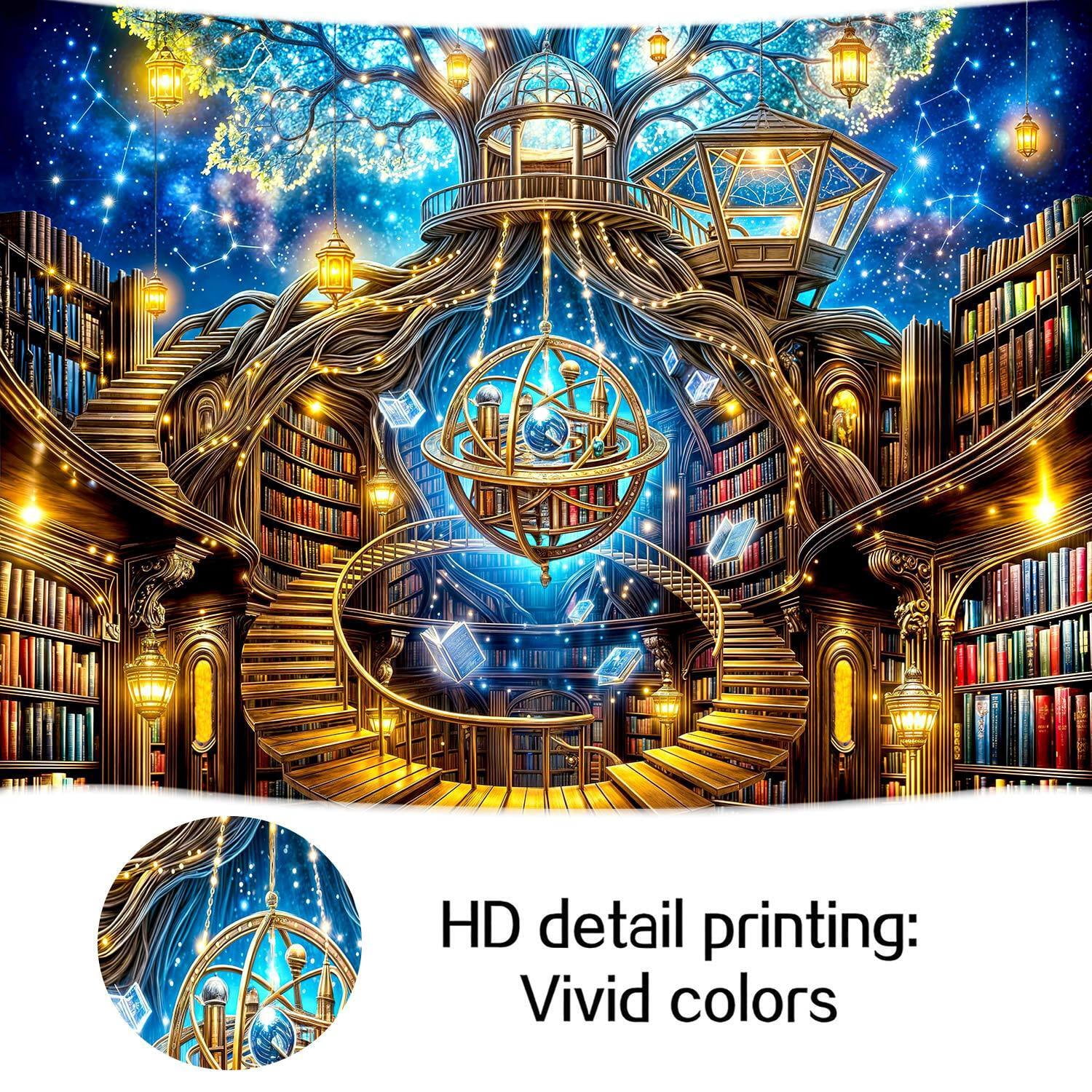 10x8ft Magic Library Photography Backdrop, Fantasy Tree Library with Armillary Sphere Starry Sky Background, Enchanted Bookstore Decor for Book Lovers Reading Birthday Party Photo Booth
