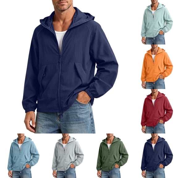 DYTTDG Men's Lightweight Sun Protection Hooded Jacket, Full Zip Breathable Solid Color Windbreaker with Pockets for Hiking & Outdoor Sports