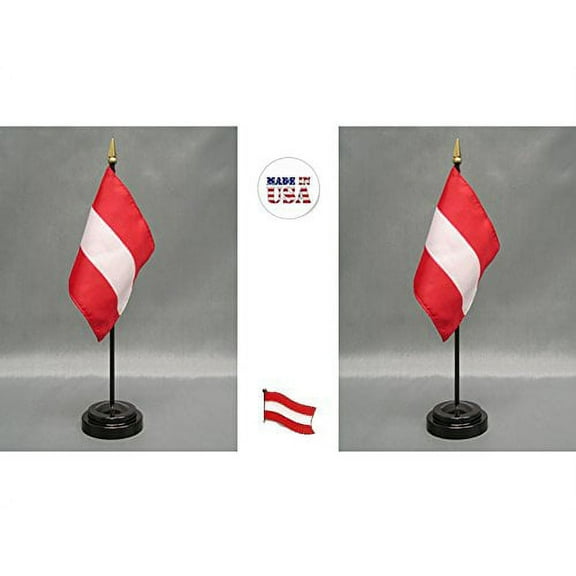 Austria Desk Flag Set; Two 4x6 inch American Made Table Flags with Two Bases