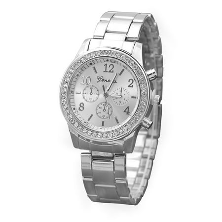 Geneva Model L Explosion models Geneva three-eye diamond alloy watch ladies Europe and America steel belt casual jewelry watch wholesale Silver ()