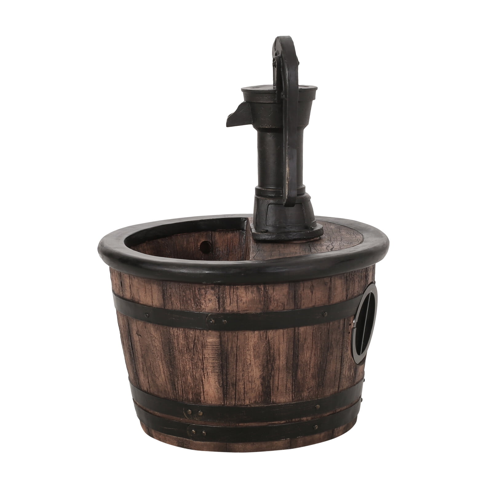 Hand Crafted Outdoor Floor Fountain with LED Lights Weather Resistant Barrel Design Waterfall Flow for Garden Patio Decor