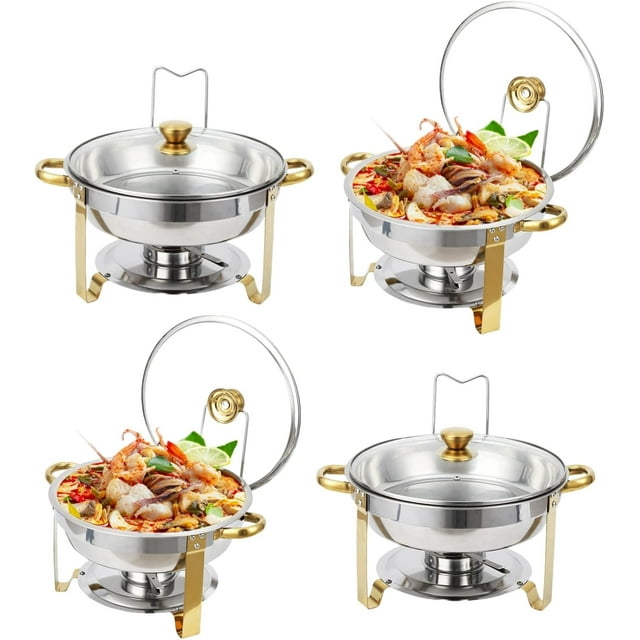 Twister.CK Réchaud de Buffet, Lot de 4, Ensembles de Réchauds Ronds en Acier Inoxydable 5 Qt et Réchauffe-Buffet pour Buffet avec Couvercle en Verre et Support de Couvercle, pour Fêtes, Événements, Mariage, Camping, Souper, Or
