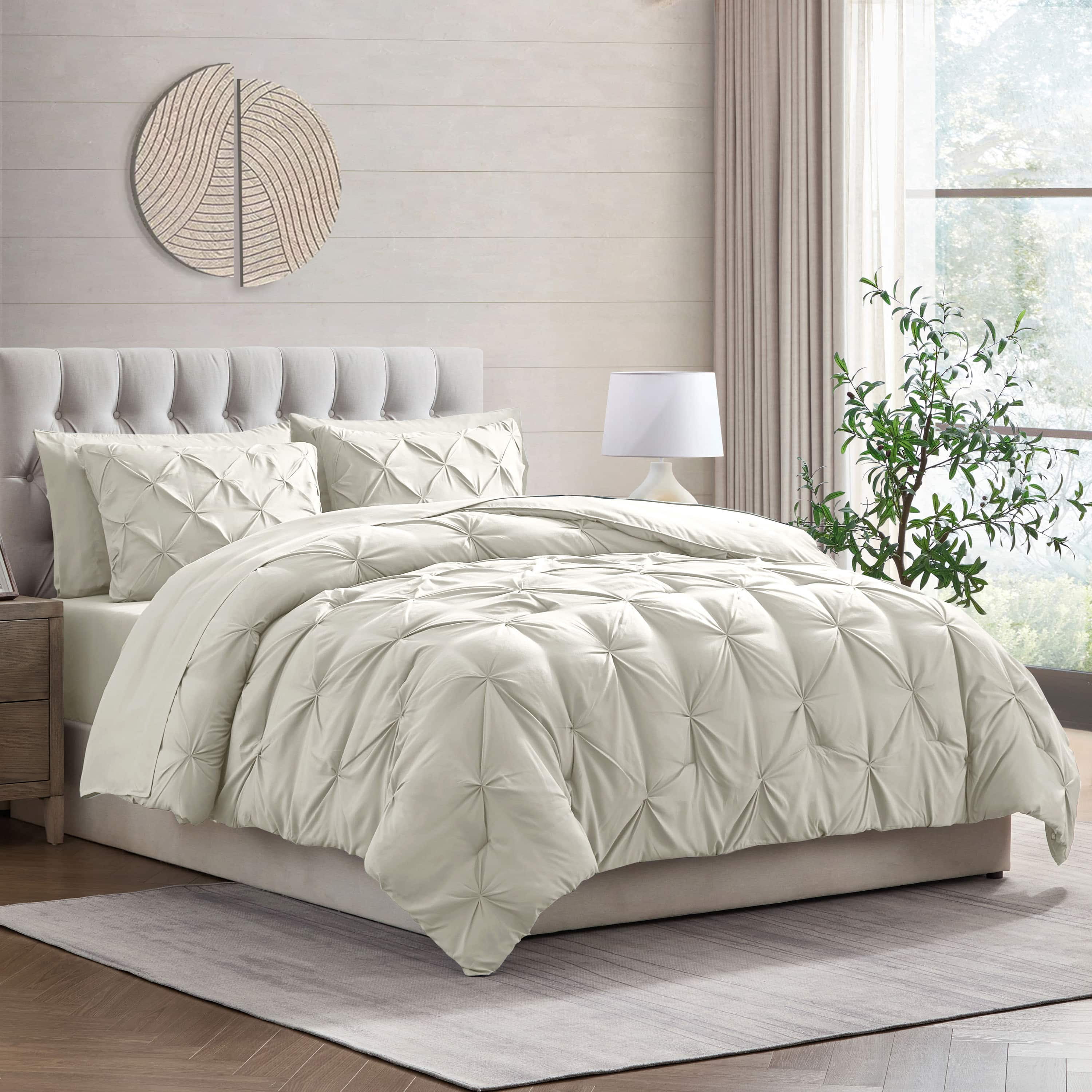 LammaLoe King Size comforter Sets, 7 Piece Bed In A Bag Pintuck Bedding Sets,Off White