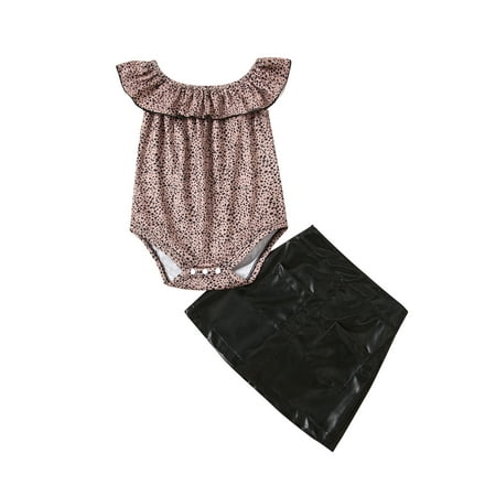 

Baby Girl Summer Outfit Off Shoulder Leopard Romper+PU Leather Mini Skirt Set