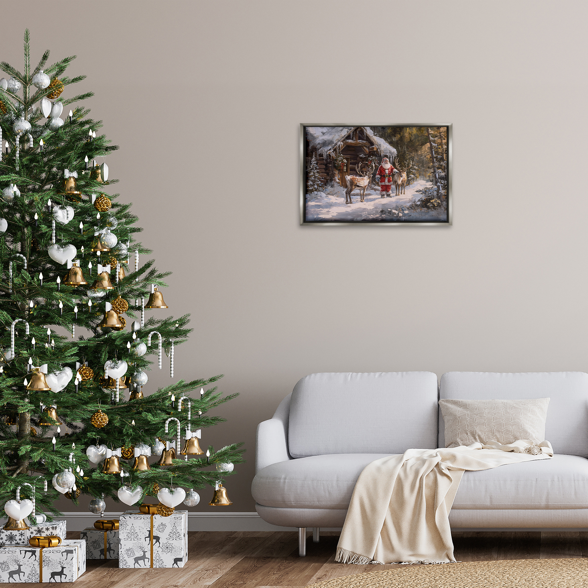 Stupell Industries Traditional Santa by Cabin Holiday Painting Gray Floater Framed Canvas Art Prints Wall Art, 25 x 17