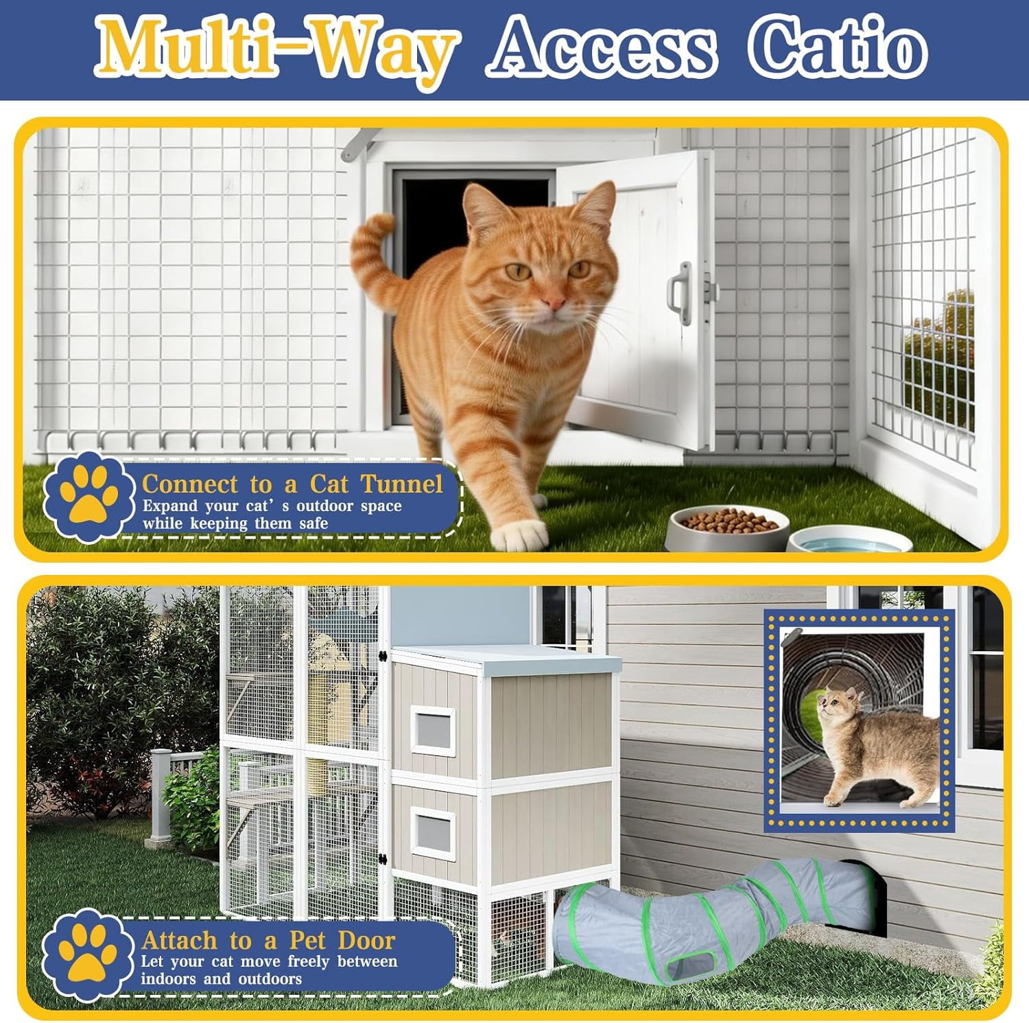 Large Outdoor Catio Cat Enclosure, Walk-in Wooden Cat House with 4-Level Play Platforms, Removable Roof Cover & Window Connection, 75"L