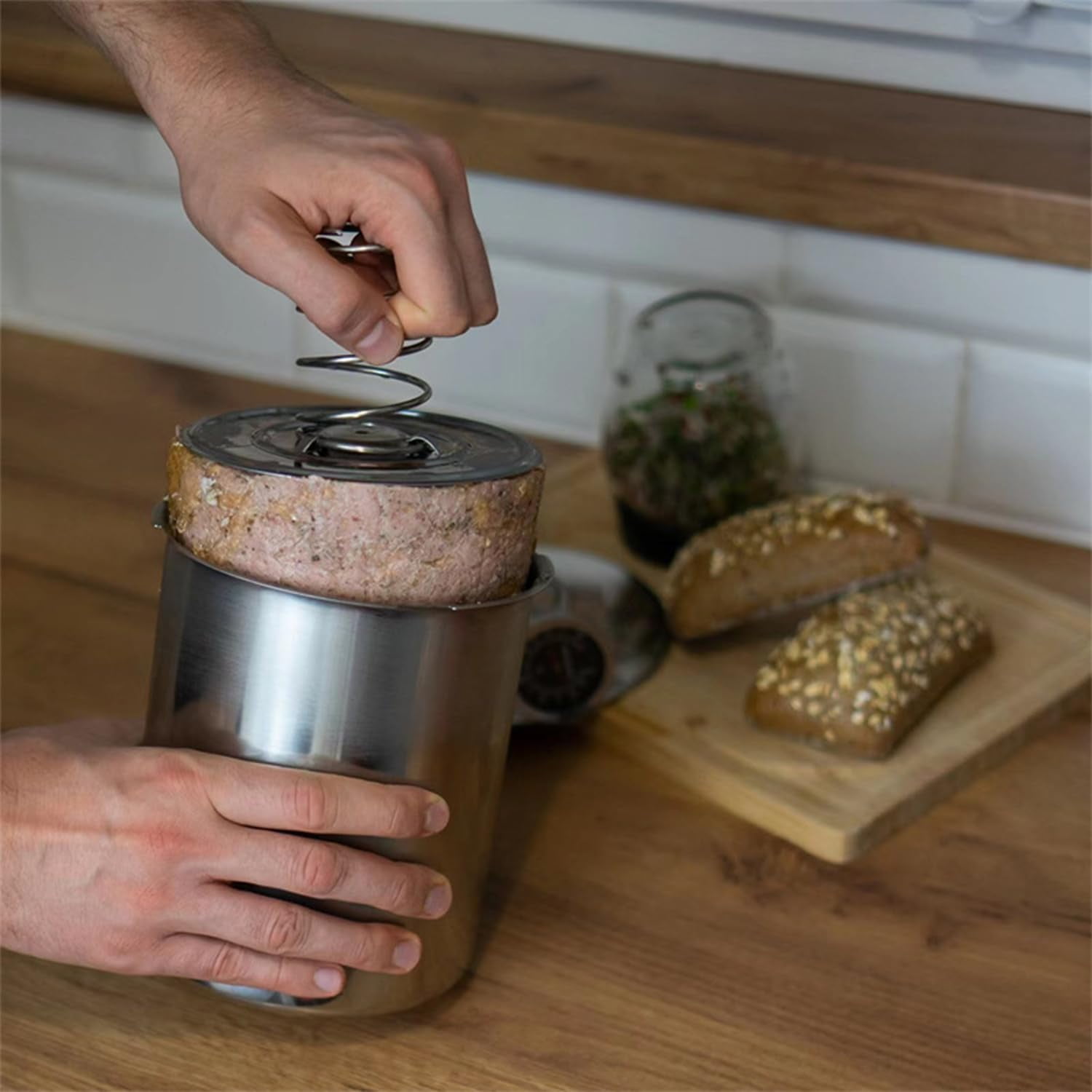 Meat Press Mold for Deli Meats.Stainless Steel Ham Maker with Thermometer for Homemade Lunchmeat Bacon, Silver