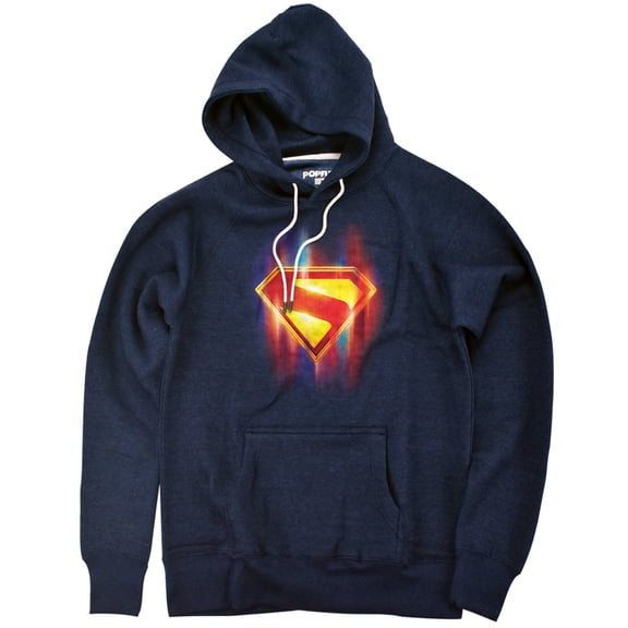 Superman 2025 Glowing Shield Unisex Adult Slim Fit Pull-Over Heather Hoodie, Navy, Small