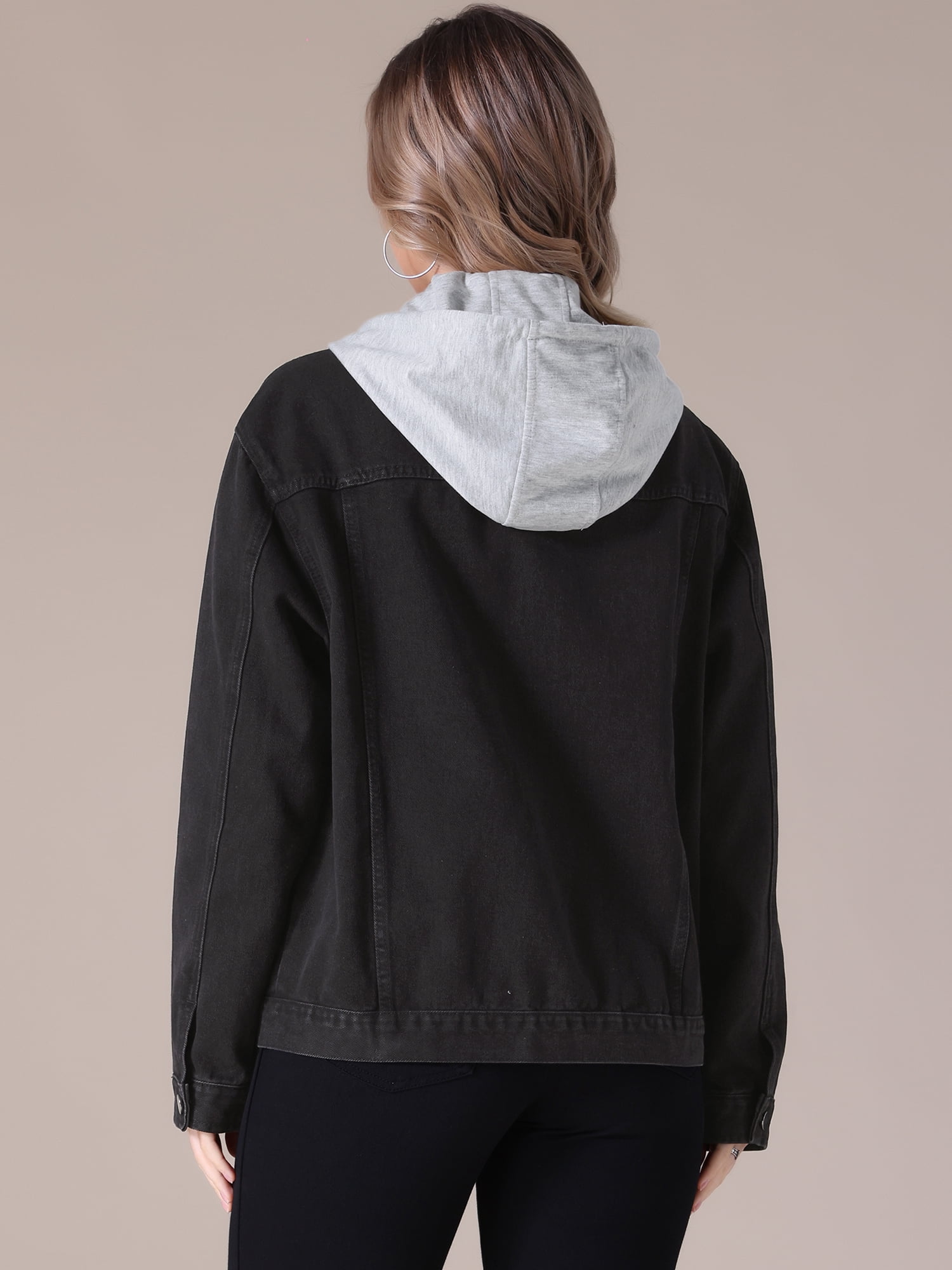 Unique Bargains Women's Denim Long Sleeves Jacket with Detachable Hoodie M Black