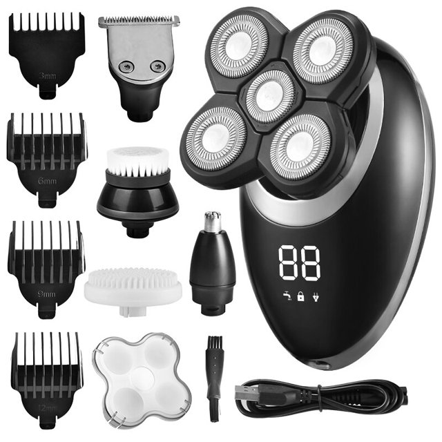 Afeitadora eléctrica para hombres, recortadora de pelo de barba, maquinilla de afeitar eléctrica 5D flotante, cinco cabezales de hoja, recortadora de pelo de nariz eléctrica, pantalla LCD Tan Jianjun unisex